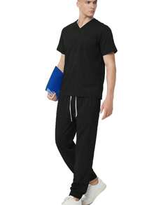 Blue Short Sleeve Medical Uniform Set, Doctor/Nurse Outfit, Surgical Scrubs For Men - Black - View 3