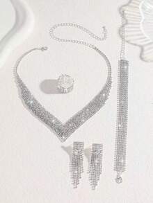 Fashion Bridal Jewelry Set, Rhinestone Necklace, Earrings, Bracelet, Elastic Ring - Silver - View 4