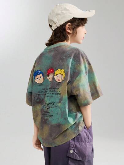 ASK JUNIOR Camiseta de manga corta para niños, camiseta deportiva de media manga transpirable con estampado divertido y efecto tie-dye para niños de talla media-grande en verano