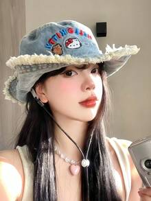 SANRIO 1顶可爱卡通水洗牛仔布毛边渔夫帽，时尚遮阳徒步帽，适合日常佩戴 - 彩色 - 查看 2