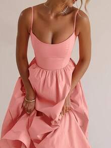 Elegant  Casual    Ruffle Hem    Beach  Vacation - Coral Pink - View 2