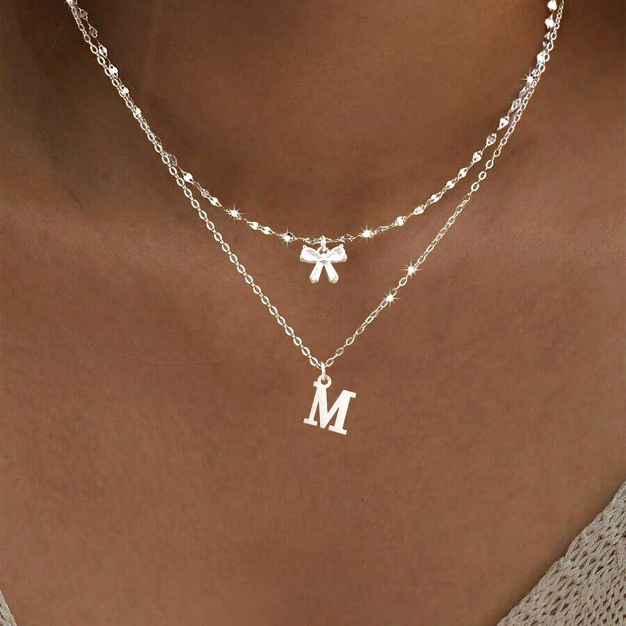 2pcs Minimalist Bow & Letter Pendant Necklace, Stainless Steel Lip Chain For Women - Silver - View 1