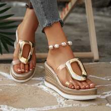 New Plus Size Women Comfortable Minimalist Parallel Rhinestone Transparent Double Strap Open Toe Wedge Heel Slides Sandals, Casual Fashion Vacation Beach Summer Shoes - Champagne - View 6