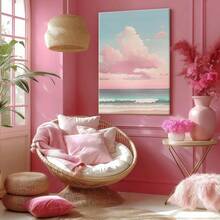 1 pza Arte de pared de verano azul, decoración de playa, cuadro de lienzo con marco, póster vintage, cielo nublado, cuerpo de agua, paisaje - Impresionista, enfoque natural, estilo de paleta pastel, decoración para sala, dormitorio u oficina, incluye herrajes - Vertical - Lienzo enmarcado - Ver 8