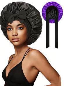 Double Layer Satin Sleep Cap With Bowknot Ribbon | Wide Brim, High Elasticity, Stretch Fit, All-Season, Lightweight, Fabric For Women. - Color - View 13