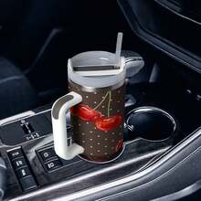 1 Piece Dark Brown Polka Dot & Cherry Print Car Tumbler, For Retro Sweet & Cool Style Enthusiasts, Insulated & Leak-Proof & Portable, Stunning Design, Ideal For Retro Outfits And Gifting. - trắng - Xem 6
