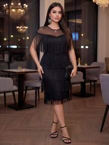 SHEIN Lady Plus Size Summer Elegant Splice Mesh Tassel Trim Bodycon Dress Cruise Outfits Women - Black - View 6