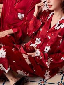 Gongdie 2 piezas Conjunto de pijama azul suave y transpirable con diseño del gato Marie de Disney, ropa de dormir para parejas - Rojo - Ver 4