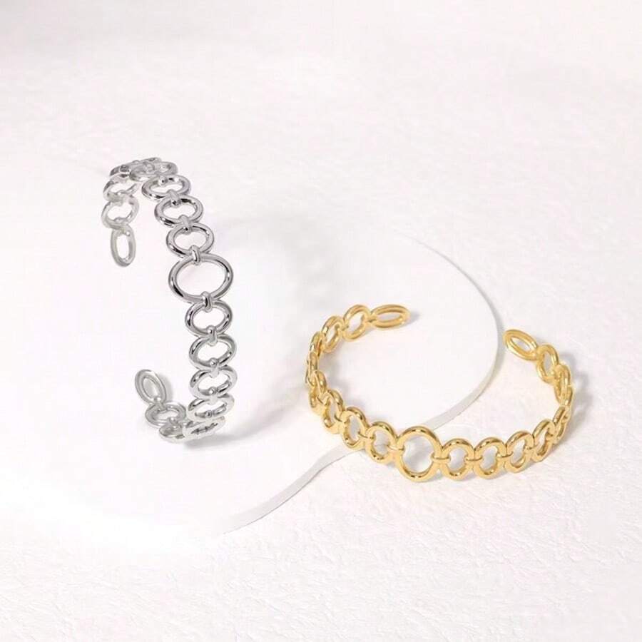 1 pieza Brazalete de acero inoxidable sofisticado y hueco ajustable para mujer, no se desvanece - Plateado - Ver 1