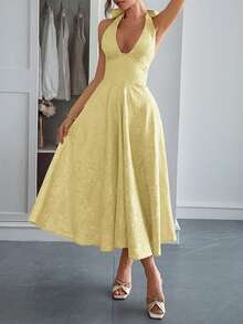 Unadoll 女士性感露背吊带连衣裙，3D提花面料，优雅款式，适合晚宴、约会、学校开学典礼、鸡尾酒会、婚礼、圣诞节、感恩节等夏季场合。 - 黃色 - 查看 10