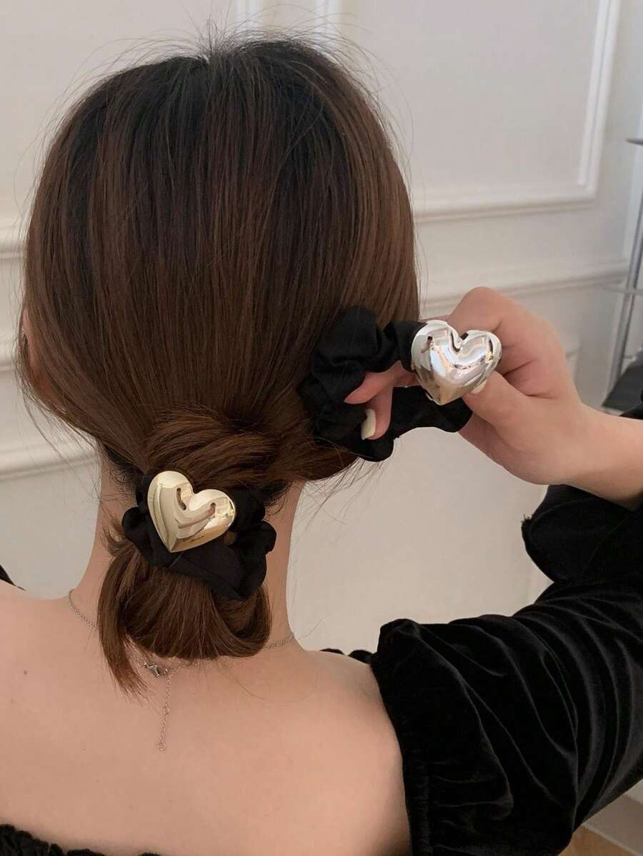 2个金属心形发圈，简约黑色马尾发圈 - 彩色 - 查看 1