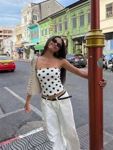 New Sexy Polka Dot Print Ruched Tube Top, Crop Top - White - View 5