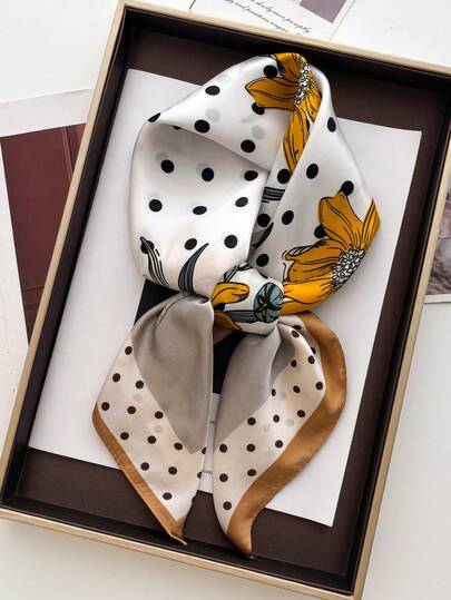 1 pieza Pañuelo cuadrado de mujer de seda sintética ligero y elegante/retro con estampado, pañuelo para la cabeza, pañuelo para el cuello, chal