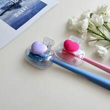 Herz-förmiger Zahnbürstenhalter, weißer Halter mit blauem & rosa Herzdesign, praktisch für Zuhause, Wohnheim, Badezimmer, Reisen, kompaktes & niedliches Design mit Ablaufloch zum Schutz des Zahnbürstenkopfes - Transparent - Übersicht 4