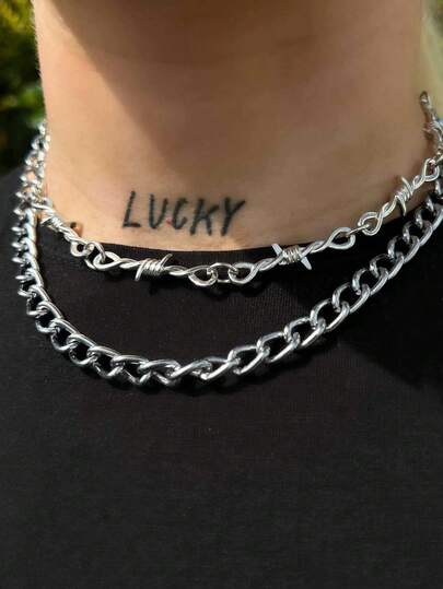 1PC Barbed Wire Iron Art Double-Layer Chain Necklace, Men's Hip-Hop Gothic Punk Style Barbed Wire Spiked Chain Collar Gift