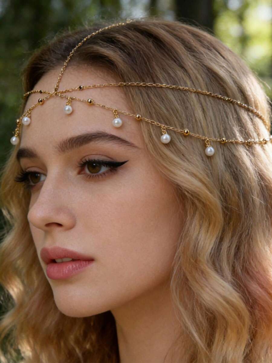 1pc Adjustable Bohemian Style Faux Pearl Headchain, Bridal Headpiece, Women Jewelry Gift, Valentine's Day/Birthday Present, Jewelry - Gold - View 1