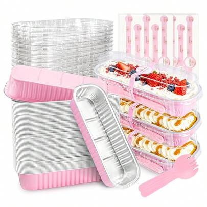 50pcs Mini Cake Trays With Lids And Spoons, Rectangular Aluminum Foil Bread Pans, Mini Toast Trays And Lidded Food Containers, 6.8oz Baking Supplies