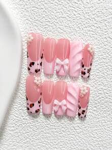 10Pcs Pink Leopard Print Style Polygel Nail Set,Acrylic Press-On Nails,Light Pink 3D Bow,White Camellia,Hand-Painted Solid Color Water Ripples,Premium Pink Nail Polish,Comes With Nail Tools(1 Sheets Jelly Stickers+1PC Nail File)3 Sizes Available,Almond Nails, Duck Nails,Coffin Nails,Suitable For Daily, Reunion,Party,Photograph,Play,Spring Summer,Commute Supplies Nails,Great Gift For Ladies And Girls Press On Nails - 彩色 - 查看 4