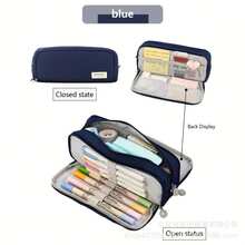 Highly Stylish -Worthy Student Pencil Case, Niche Large-Capacity Pencil Box, Simple Stationery Bag, Storage Pencil Bag, Ultra-Portable - 牛津布雙開筆袋[藏青] - 查看 5