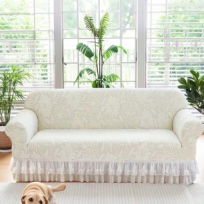 1pc Ruffled White Jacquard Stretch Sofa Cover, Thick Elastic Slipcover For 1/2/3/4 Seater Sofa, Lace Trim, Soft Fabric For Living Room, Bedroom, Study