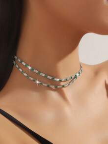 1 chiếc vòng cổ nữ hai lớp đính đá Zirconia hình hoa, kiểu dáng thời trang đa năng phù hợp với váy dạ hội. - Xanh lá cây + Trắng - Xem 4