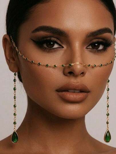 Gold-Tone Face Chain Jewelry With Green Beads Teardrop Gems, Boho Vintage Head Chain, Festival Bridal Festival Party Cosplay Accessory For Women