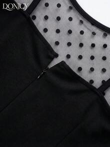 DONICY Women's Black Polka Dot Mesh Puff Sleeve A-Line Dress, Short Skirt, Elegant Style Suitable For Spring And Summer - Black - View 3