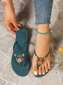 女士波西米亚风平底凉鞋，时尚优雅的交叉复古装饰人字拖，轻便舒适的户外休闲沙滩平底凉鞋 - 墨綠色 - 查看 2