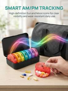 7天便携式圆形药盒（7个独立药盒+1个收纳盒），多色旅行药盒，带隔层，方便整理早晚用药，14个黑色药盒带塑料隔板 - 彩色 - 查看 6