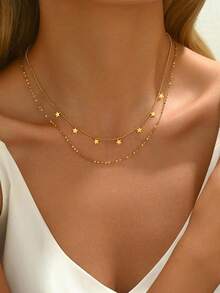1pc Stainless Steel Multilayer Star Pendant Necklace, 18K Gold Plated Fashion Elegant Necklace Simple Clavicle Necklace, Suitable For Women Daily Wear Or Gift Giving - Gold - View 1