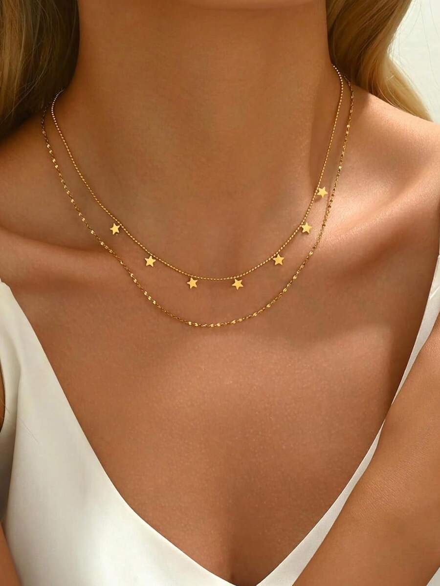 1pc Stainless Steel Multilayer Star Pendant Necklace, 18K Gold Plated Fashion Elegant Necklace Simple Clavicle Necklace, Suitable For Women Daily Wear Or Gift Giving - Gold - View 1