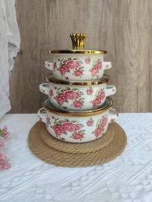 3 piezas Olla de leche con borde esmaltado, Tazón esmaltado, Olla de sopa esmaltada, Mini olla esmaltada, Olla esmaltada gruesa, Olla esmaltada con tapa, Apta para cocina de inducción y estufa de gas - Ver 14