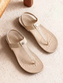 Women's Arch Support T-Strap Sandals Comfortable Orthotic Flat Sandals Thong Sandals For Casual Summer Walking - Màu be - Xem 1