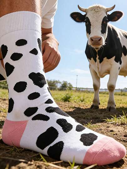男女通用黑白波点奶牛图案中筒袜，适合所有季节，情侣款，运动、户外、旅行皆宜。