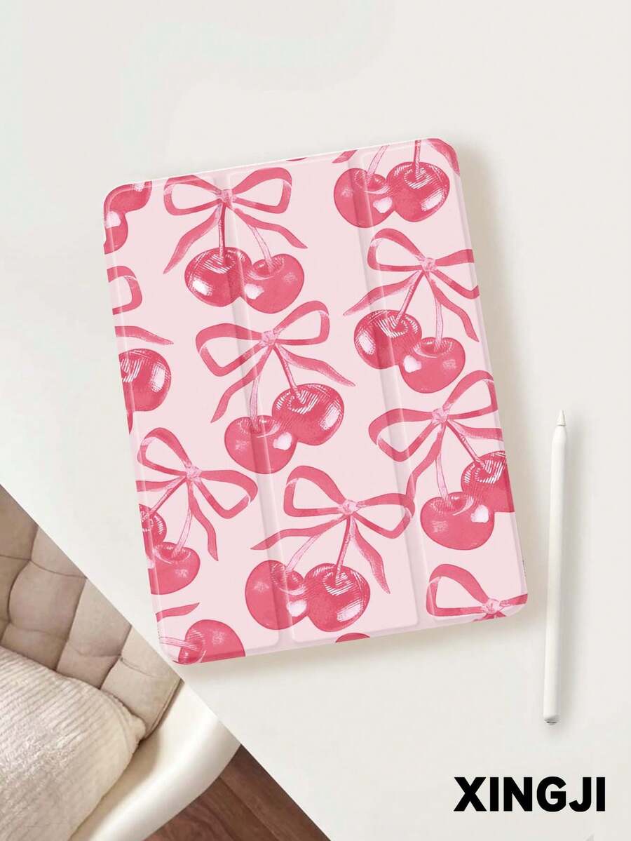 1个粉色半色调樱桃图案平板电脑保护套，兼容10.2英寸（第十代）/（A16）11英寸（第十一代，2025款）、Pro 11英寸（2021/2020款）、Galaxy Tab A8 10.5英寸（2022款）、Matepad 10.4/Tab，带笔槽，防摔，平板电脑支架，支持自动休眠/唤醒 - 粉色 - 查看 1