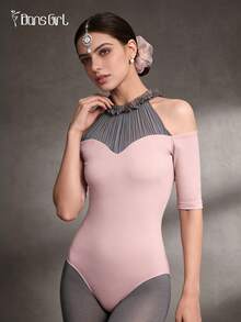 DonsGirl 女士芭蕾舞紧身衣，荷叶边领口饰有蕾丝花边，半袖，春季舞蹈表演服 - 藕粉色 - 查看 6