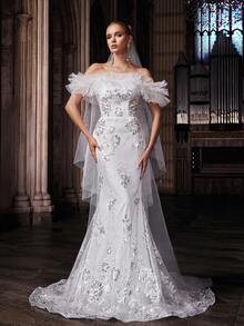 QOQ Romantic Floral Embroidered Strapless Wedding Dress - White - View 5