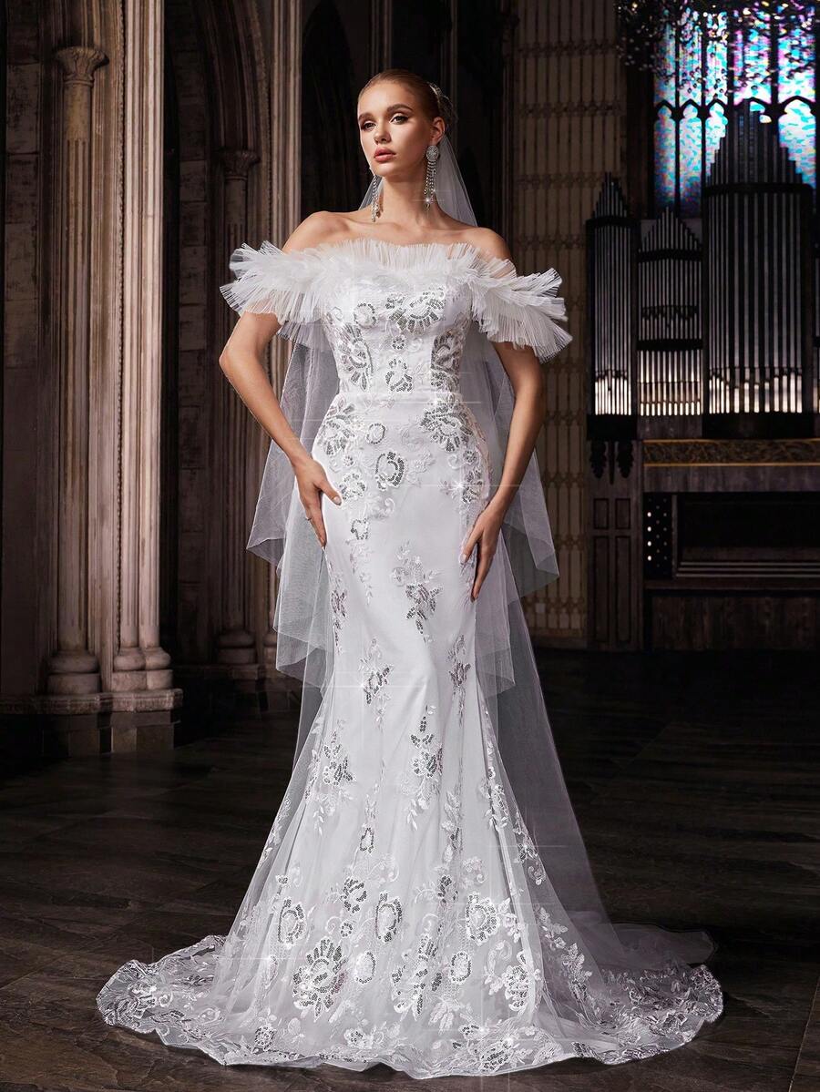 QOQ Vestido de novia sin tirantes con bordado floral romántico - Blanco - Ver 1