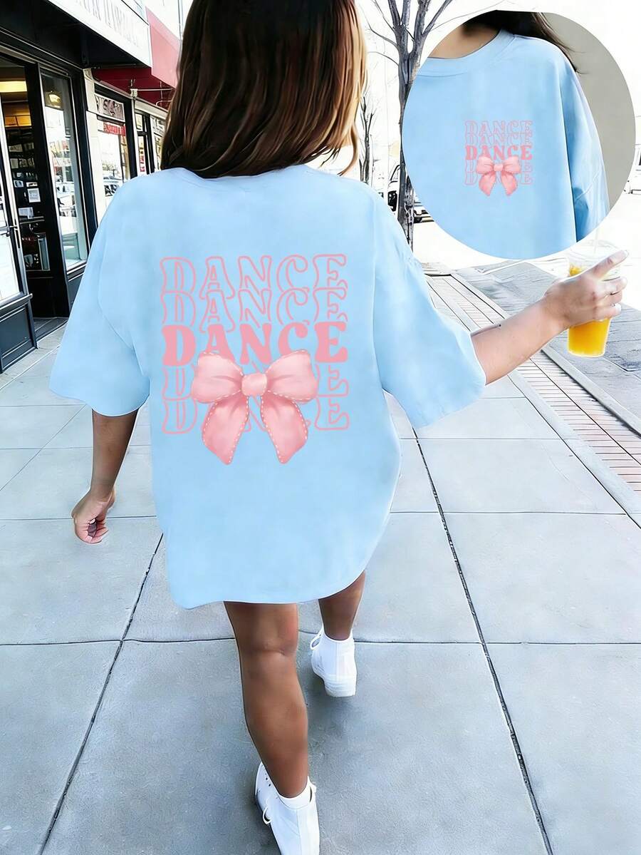 少女款“DANCE”字母蝴蝶结卡通印花T恤，面料柔软舒适，适合女孩户外运动、休闲穿着、街头风、校园风等场合，是春夏百搭时尚上衣。 - 淺藍色 - 查看 1