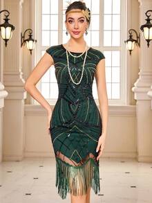 Đầm Flapper cổ điển thập niên 1920, đính cườm, sequin và tua rua, kiểu Gatsby, thích hợp cho tiệc cocktail, màu xanh đậm, đám cưới, mùa xuân. - Màu xanh lá cây đậm - Xem 4