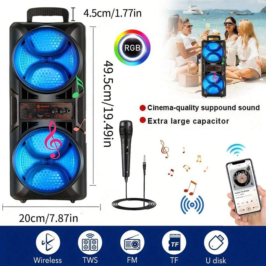 Portable Speaker, Outdoor Wireless Speaker, Button Control, Subwoofer, 2400mAh Capacity, RGB Lighting With Colorful Lighting Effects, Dual Speakers, Suitable For Home, Outdoor, Parties, Square Dancing, Karaoke, Family Gatherings, Lighting Effects, Disco. - Màu đen tối giản - Xem 1