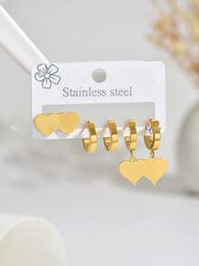 3 pares de pendientes de acero inoxidable con forma de corazón minimalista, joyas elegantes y versátiles adecuadas para fiestas - multicolor - Ver 3