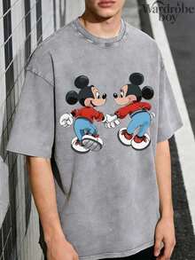 Disney Printed Wash Water T-Shirt,Mickey And Minnie Disney Couple T-Shirts, Mickey And Minnie Heart T-Shirts,Unisex,High-Quality Pure Cotton T-Shirt,Suitable For All Seasons, Comfortable And Breathable| Exquisite Design | The Best Choice For Giving Gifts - Xám - Xem 2