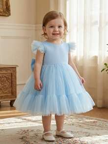 Baby Girls Blue Cap Sleeve Wedding Flower Girl Tulle Dress With 3D Bow Decor, Elegant Party Princess Dress Suitable For Baby's 1st Birthday, Party, Formal Occasion, Wedding - 藍色 - 查看 4