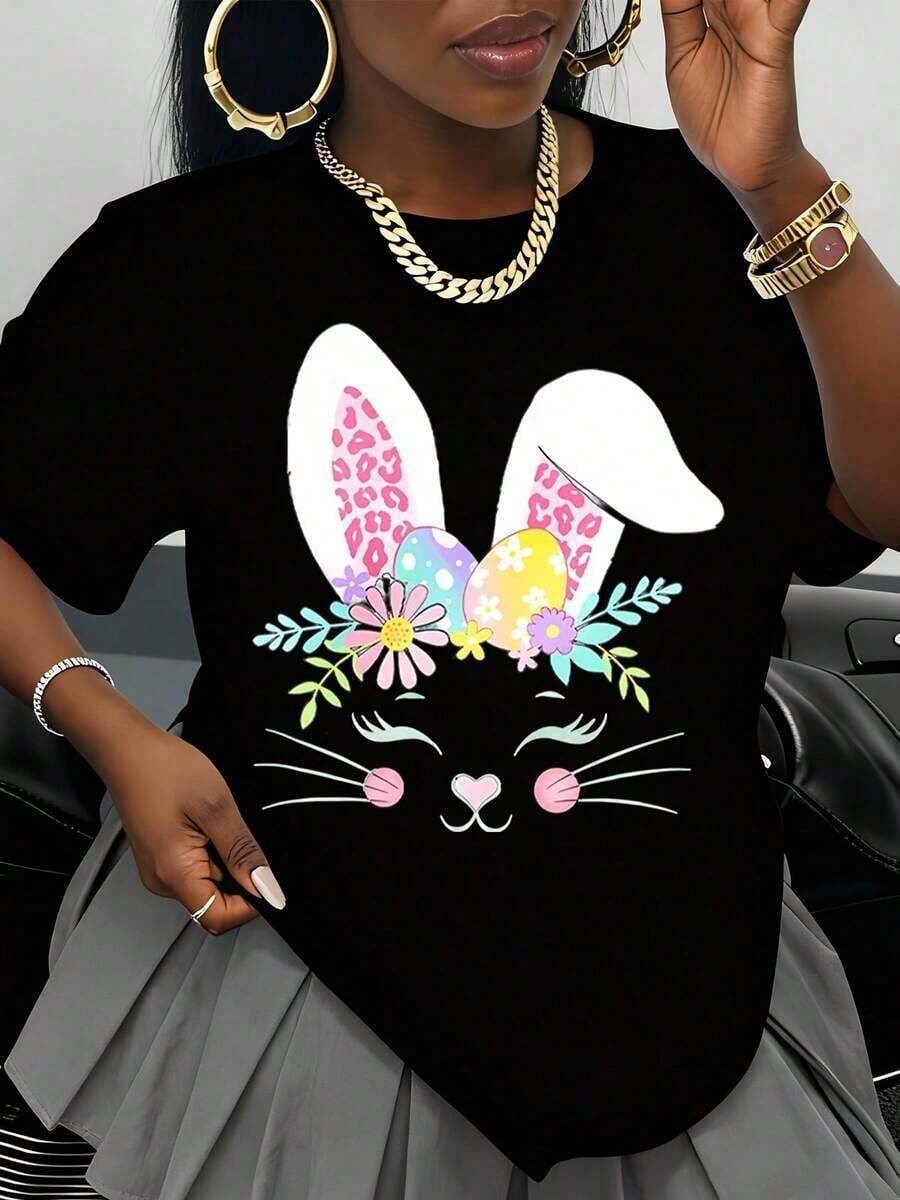 Summer Tops2026White Easter Bunny T-Shirt With Colorful Eggs And Flowers Graphic For Women Spring Festival Cute Animal Print Top Casual Wear Holiday Gift Ideagraphic Tees Women - 黑色 - 查看 1