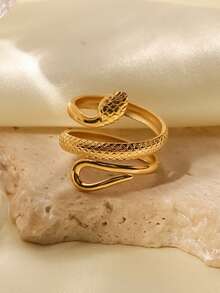 1pc Stainless Steel 18K Gold Plated Minimalist Elegant Geometric Textured Snake Ring, Suitable For Women's Daily And Holiday Wear - Multicolor - View 6