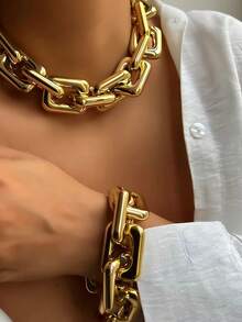 1 Set Women's Retro Minimalist Flat Metal Cuban Link Necklace And Bracelet Set, Suitable For Daily Wear, Weddings, Brides, Parties And Celebrations - Yellow Gold - View 2