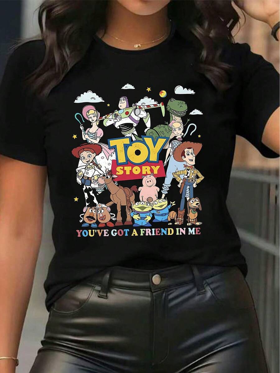 Disney Licensed Women'S Popular Printed Products Featuring Toy Story Cartoon Characters, Classic Animated Figures, And Movie-Themed Designs. This Short-Sleeve Round-Neck T-Shirt Is Stylish, Comfortable, And Versatile - Black - View 1