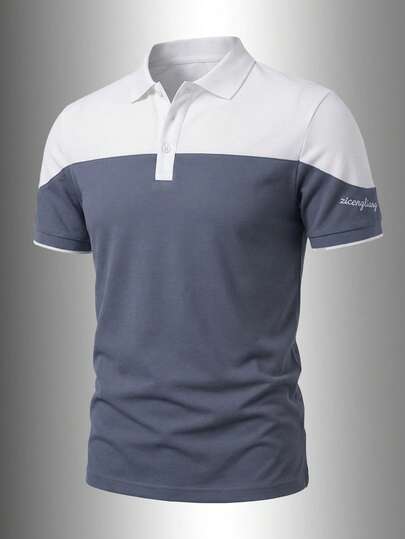 Manfinity Homme Men's Contrast Color Short Sleeve Casual Commuter Polo Shirt, Soft Fabric, Wrinkle Resistant, Embroidered Sleeve Cuff Details, Suitable For Urban Casual, Leisure And Outdoor Wear