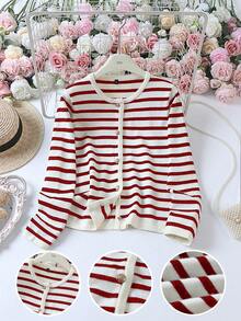 Elegant Striped Crew Neck Knit Cardigan, Versatile Fashion Casual Sweater, Retro Commuter Jacket For Women, Autumn - Red - View 3